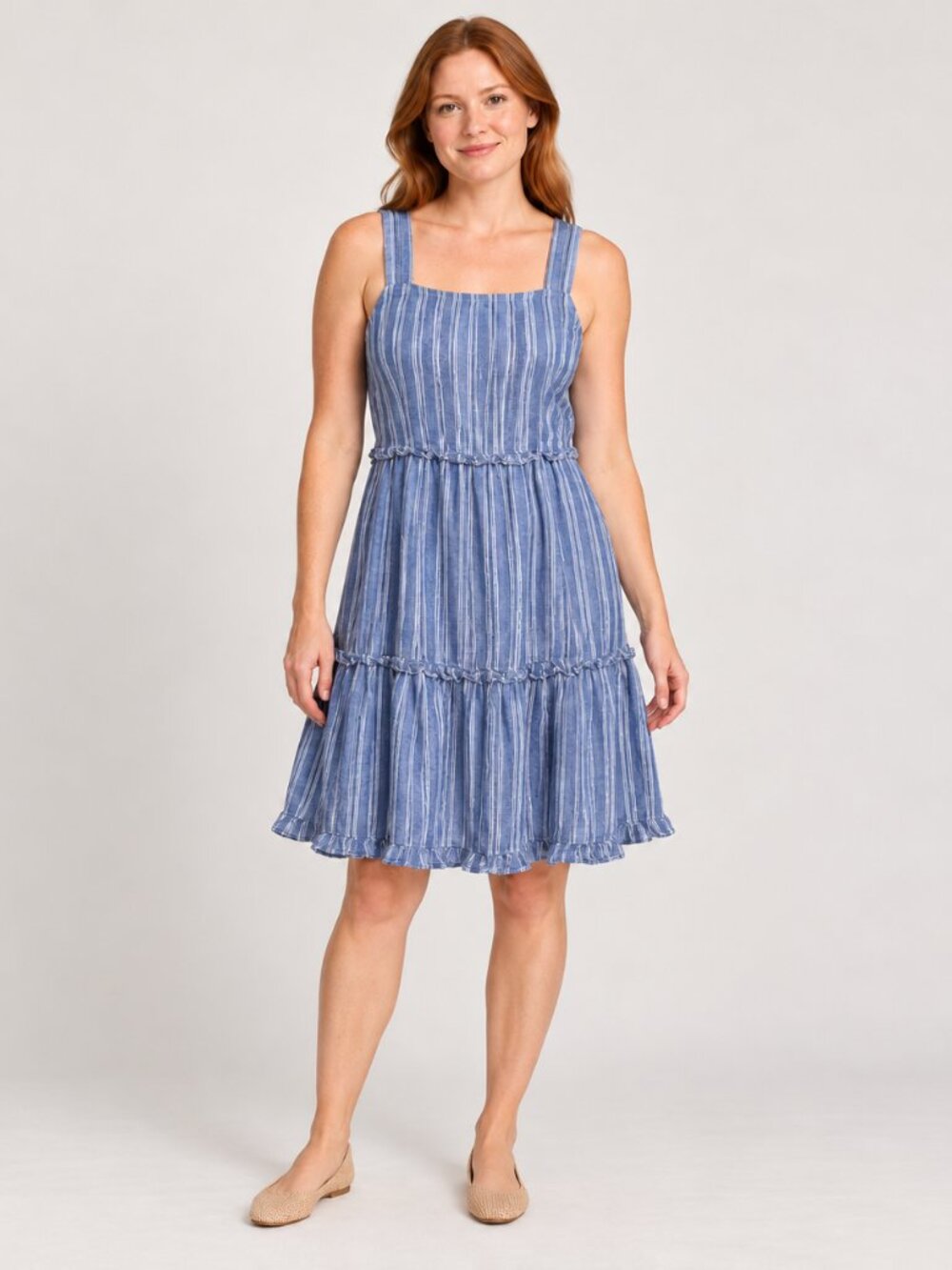 Beachlunchlounge Womens Dress M Blue White Stripe Linen Cotton Tiered Sleeveless